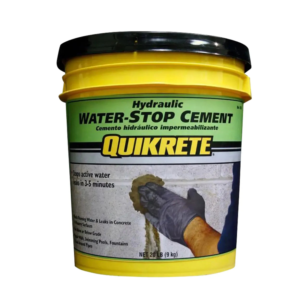A yellow and black tub of Go Build 20 lb. Hydraulic Water-Stop Cement Concrete Mix, with a gloved hand applying it to quickly repair a leaking cracked wall. The label in English and Spanish highlights rapid water stop action.